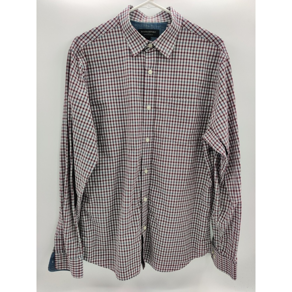 Banana Republic Mens L Soft Wash Slim Fit Check Button Down Shirt Burgundy Blue